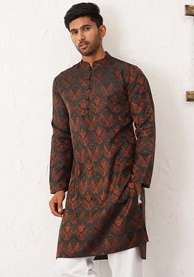 Black Printed Poly Blend Kurta Set For Men