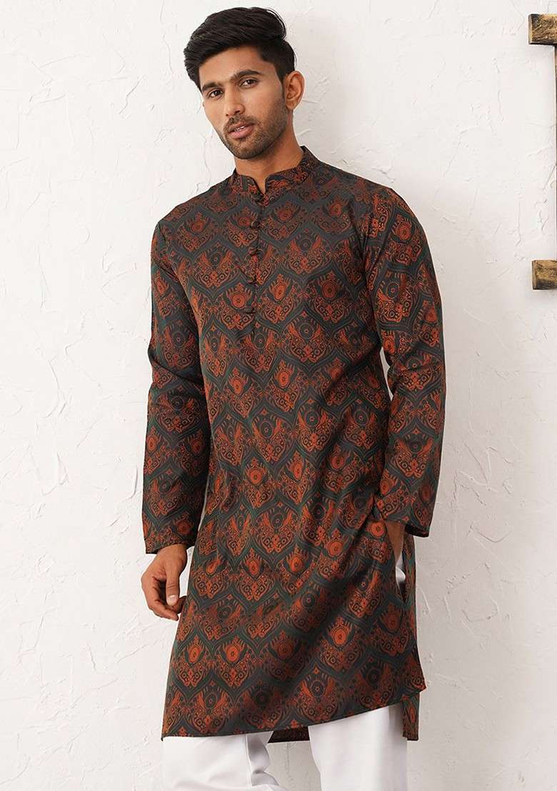 Black Printed Poly Blend Kurta Set For Men - Indya