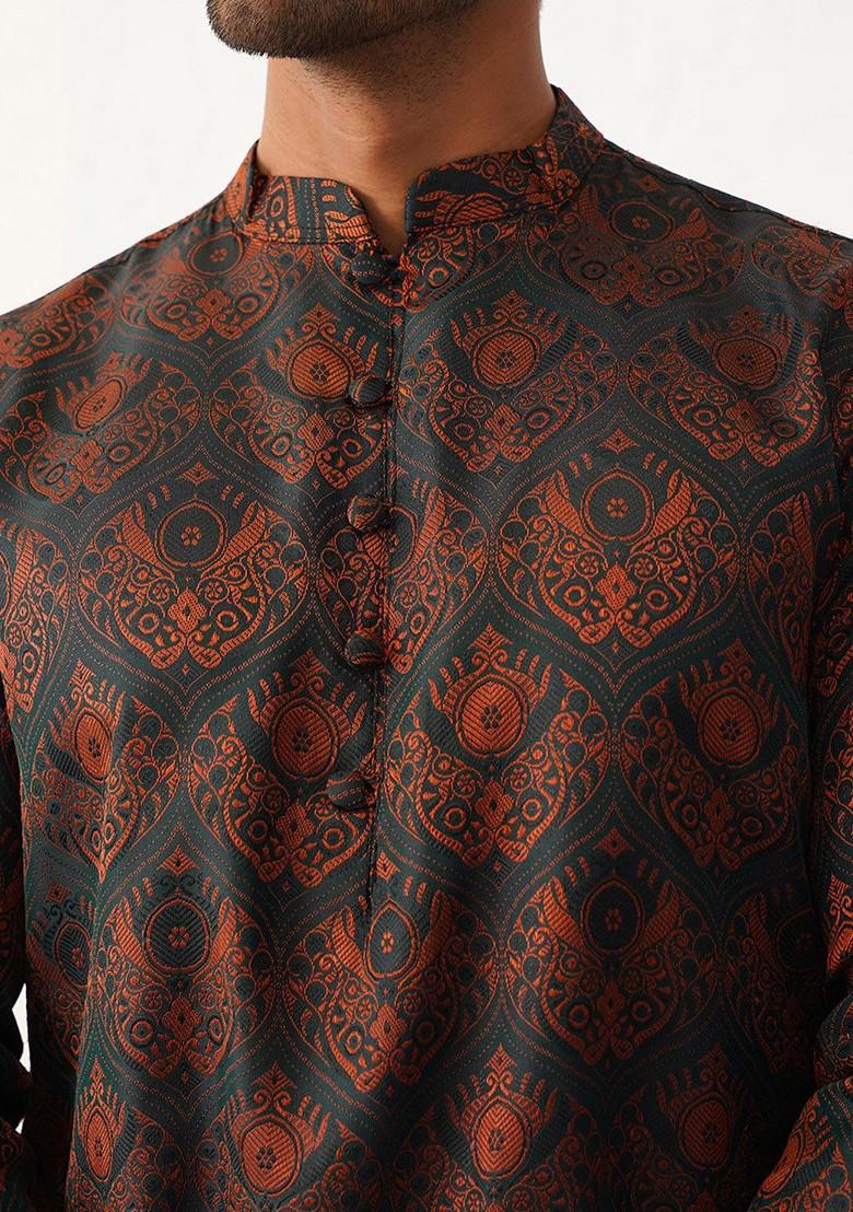 Black Printed Poly Blend Kurta Set For Men