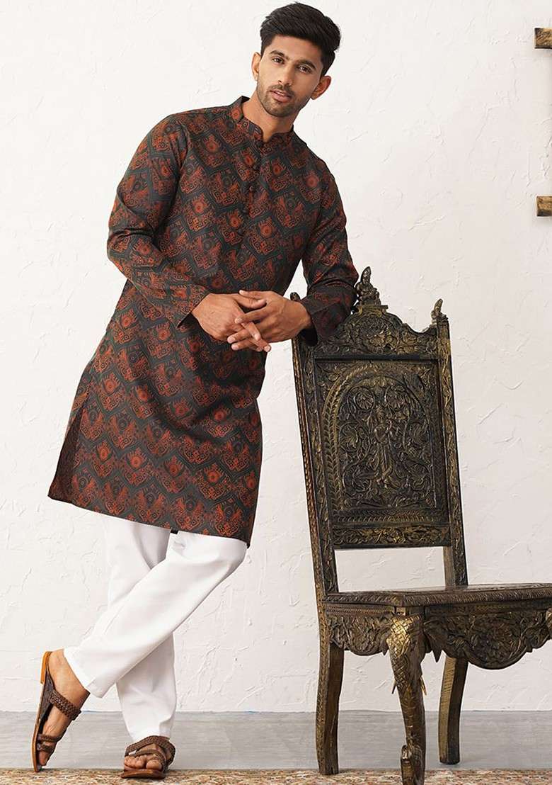 Black Printed Poly Blend Kurta Set For Men - Indya