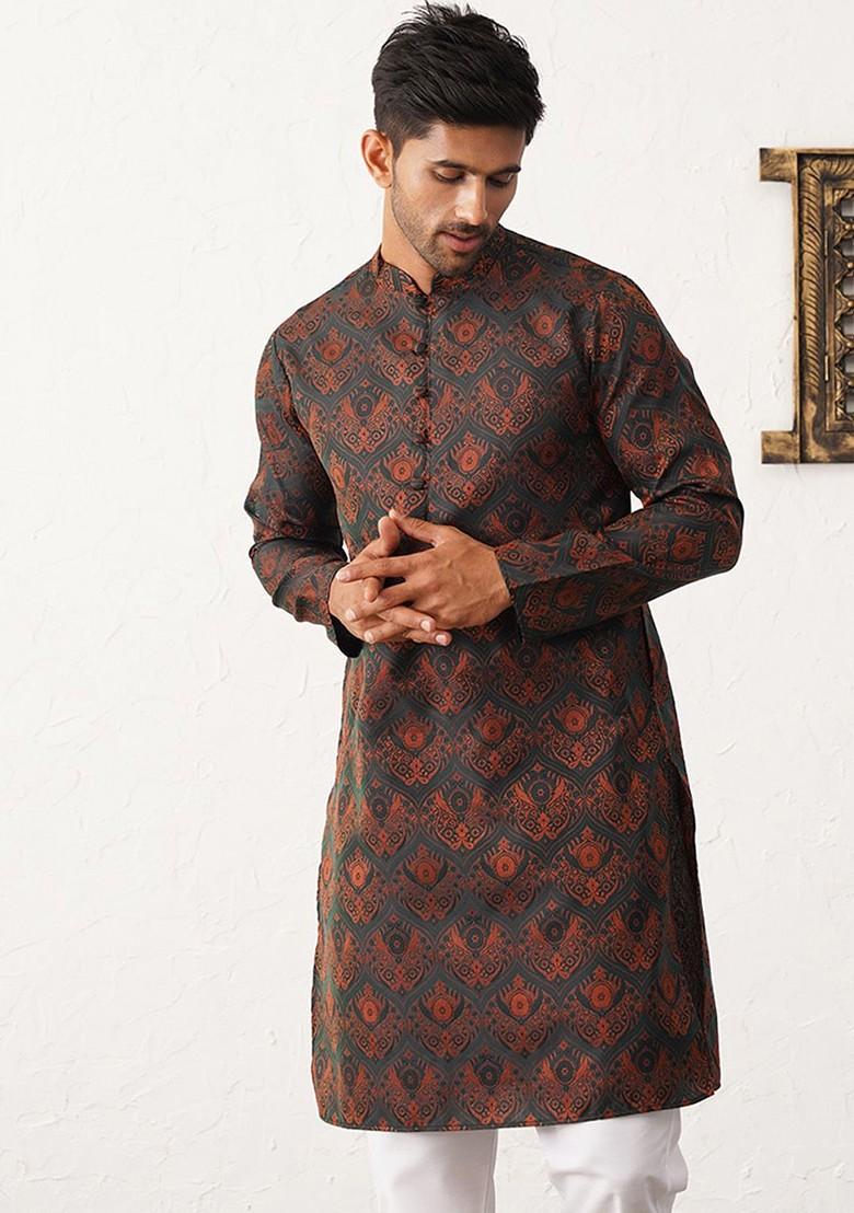 Black Printed Poly Blend Kurta Set For Men