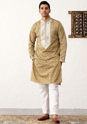 Beige Embroidered Poly Blend Kurta Set For Men