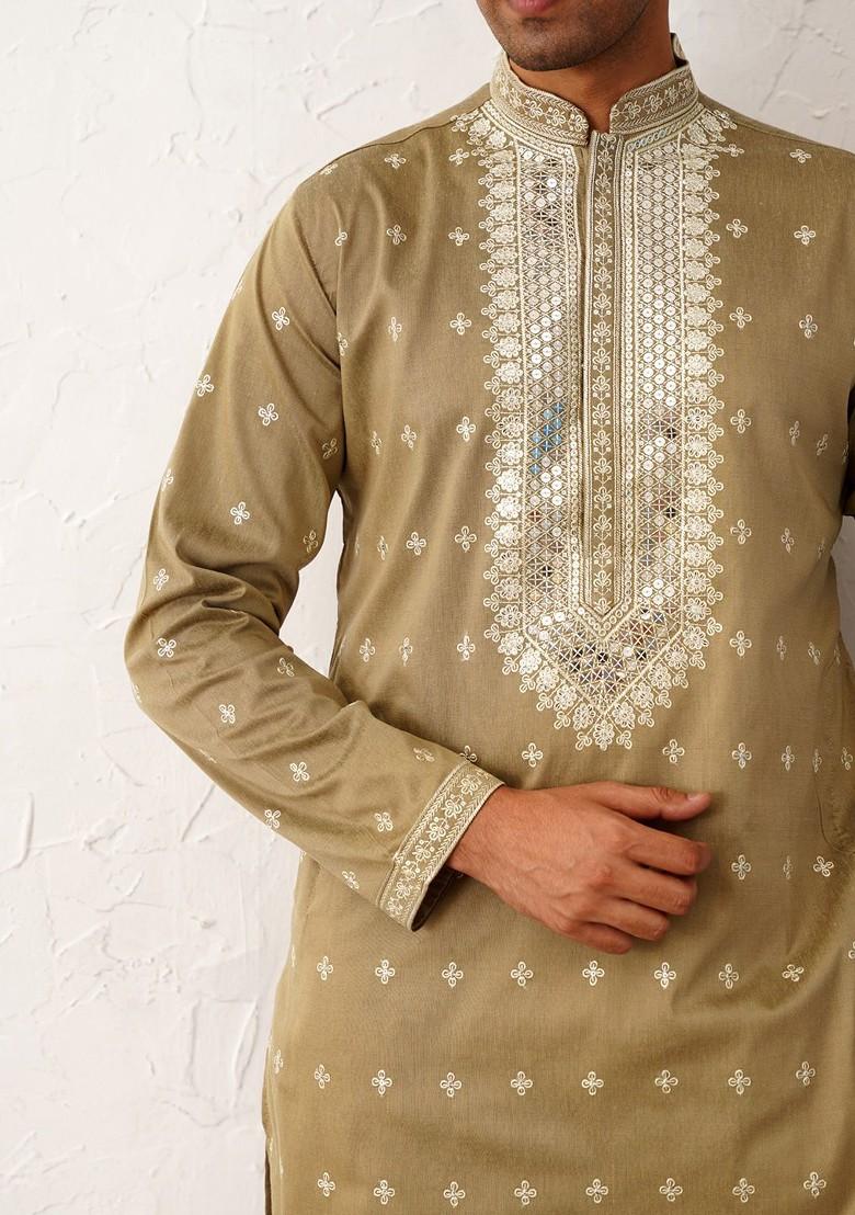 Beige Embroidered Poly Blend Kurta Set For Men