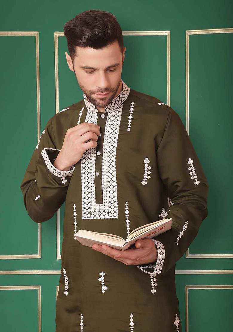Olive Embroidered Poly Blend Kurta Set For Men - Indya