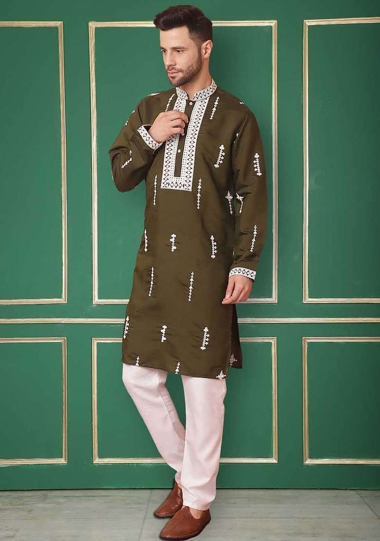 Olive Embroidered Poly Blend Kurta Set For Men - Indya