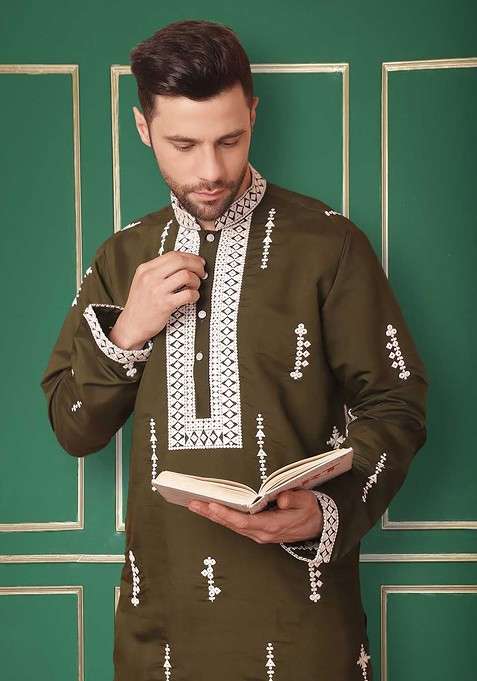 Olive Embroidered Poly Blend Kurta Set For Men