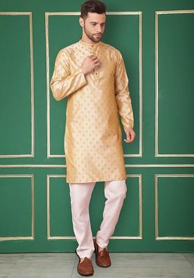 Gold Woven Design Poly Blend Kurta Set For Men