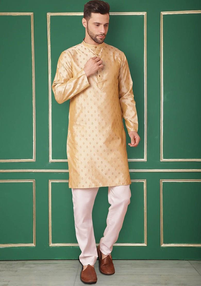 Gold Woven Design Poly Blend Kurta Set For Men