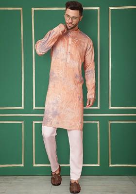 Peach Embroidered Poly Blend Kurta Set For Men