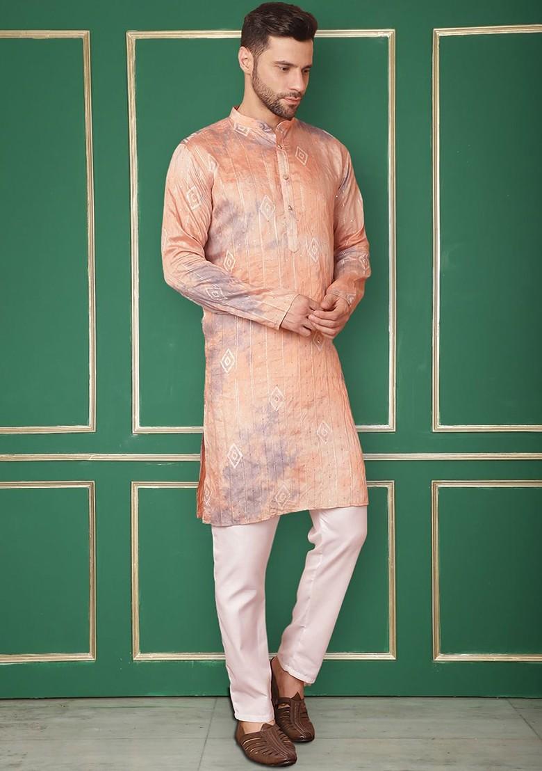 Peach Embroidered Poly Blend Kurta Set For Men