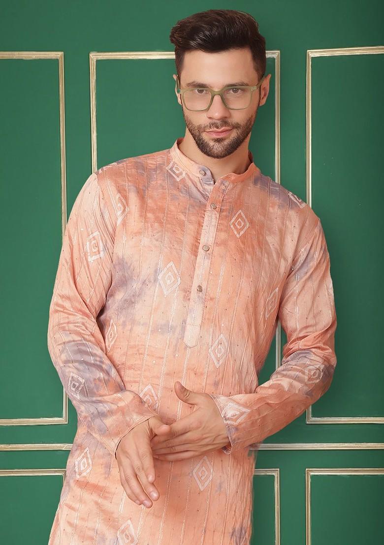 Peach Embroidered Poly Blend Kurta Set For Men