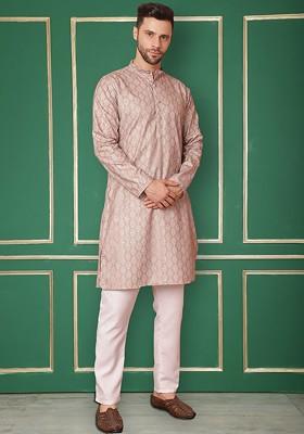 Peach Embroidered Poly Blend Kurta Set For Men