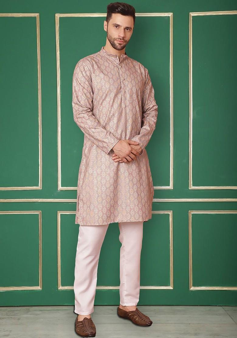 Peach Embroidered Poly Blend Kurta Set For Men