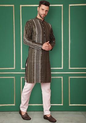 Green Embroidered Poly Blend Kurta Set For Men