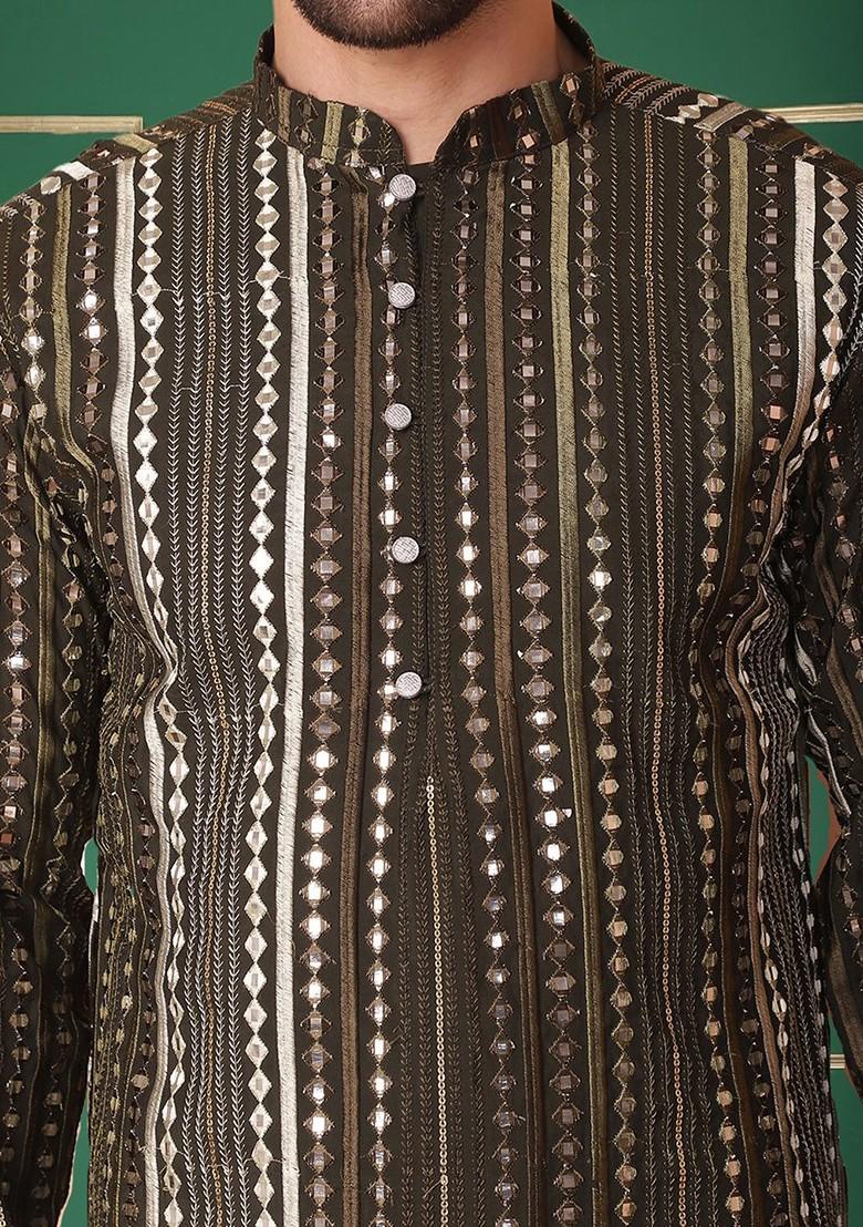 Green Embroidered Poly Blend Kurta Set For Men