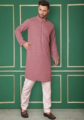 Magenta Embroidered Poly Blend Kurta Set For Men
