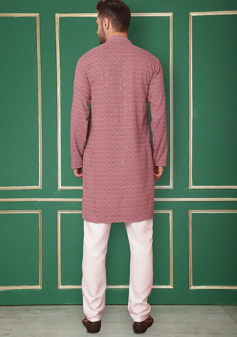Magenta Embroidered Poly Blend Kurta Set For Men