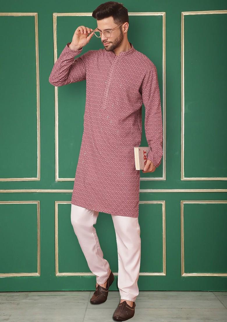 Magenta Embroidered Poly Blend Kurta Set For Men