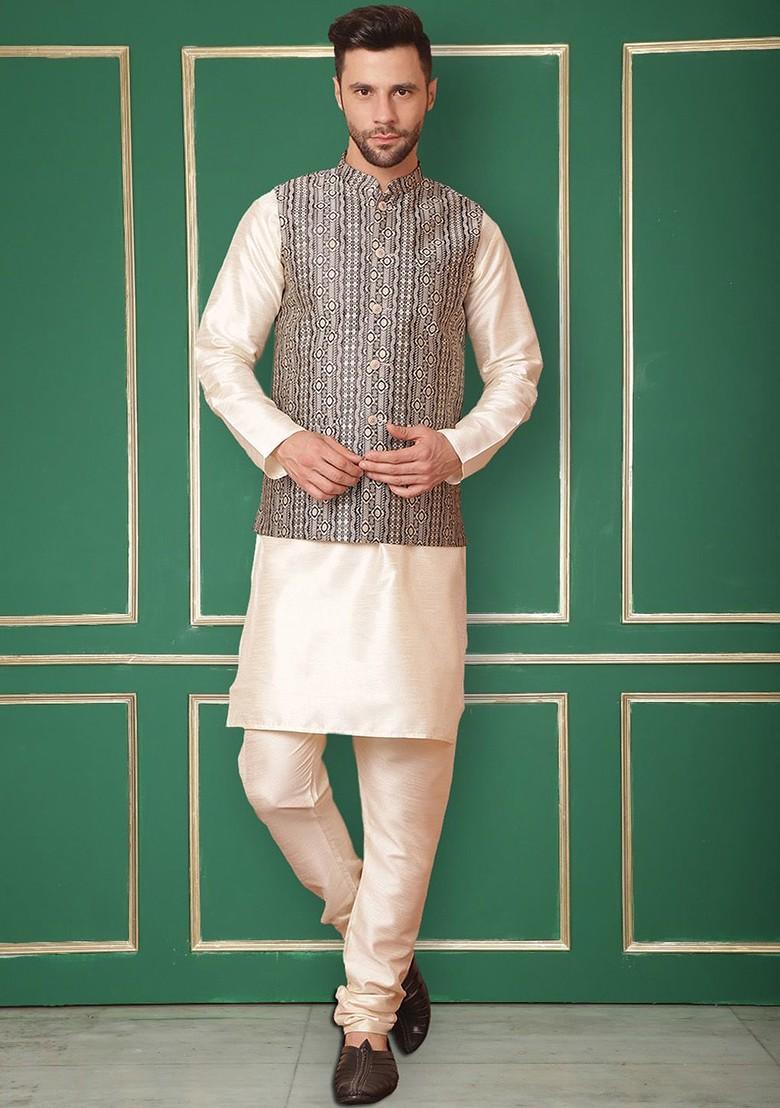 Beige Embroidered Poly Blend Kurta Set For Men
