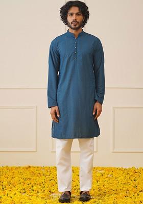 Teal Blue Embroidered Poly Blend Kurta Set For Men