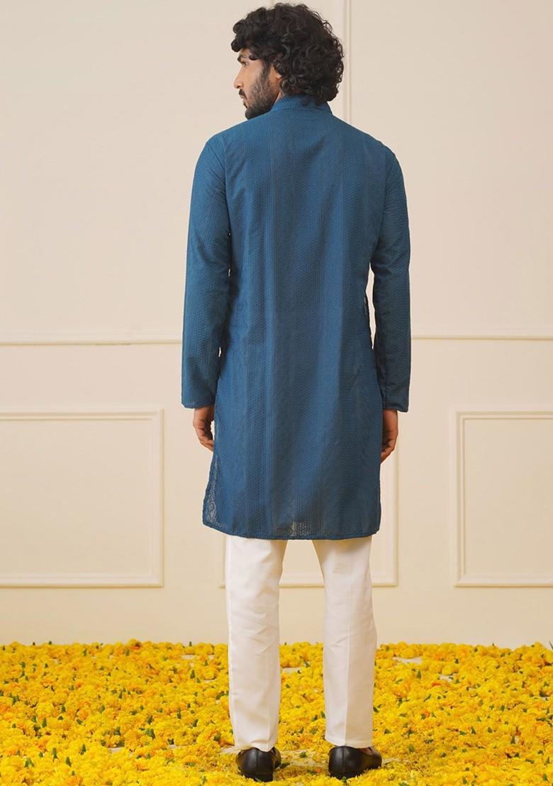 Teal Blue Embroidered Poly Blend Kurta Set For Men