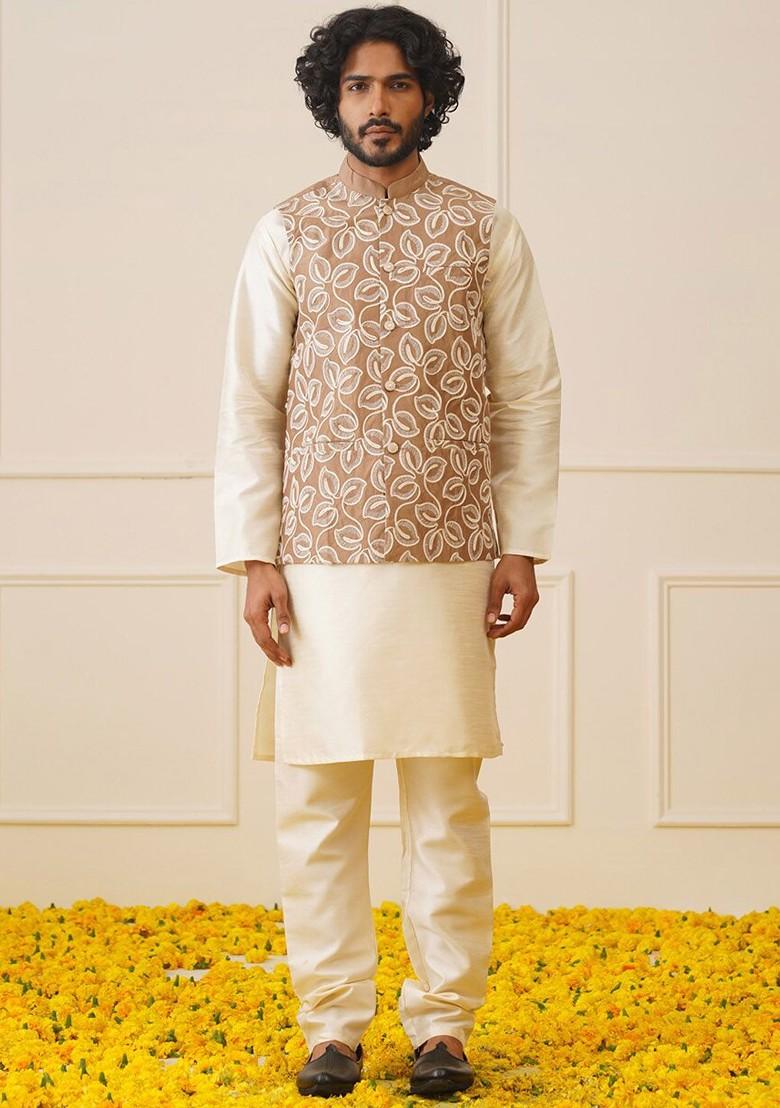 Brown Embroidered Poly Blend Kurta Set For Men