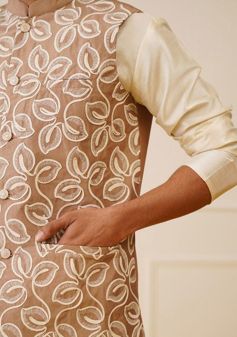 Brown Embroidered Poly Blend Kurta Set For Men