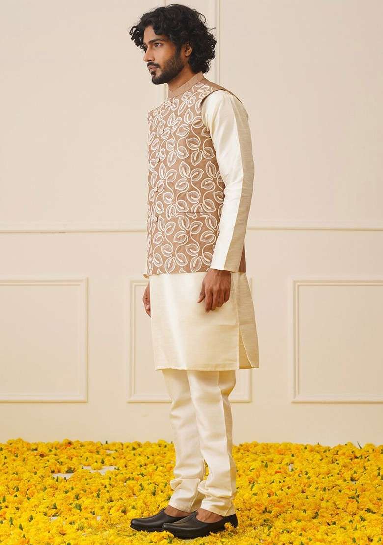 Brown Embroidered Poly Blend Kurta Set For Men - Indya