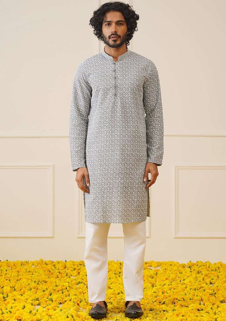 Grey Embroidered Poly Blend Kurta Set For Men - Indya