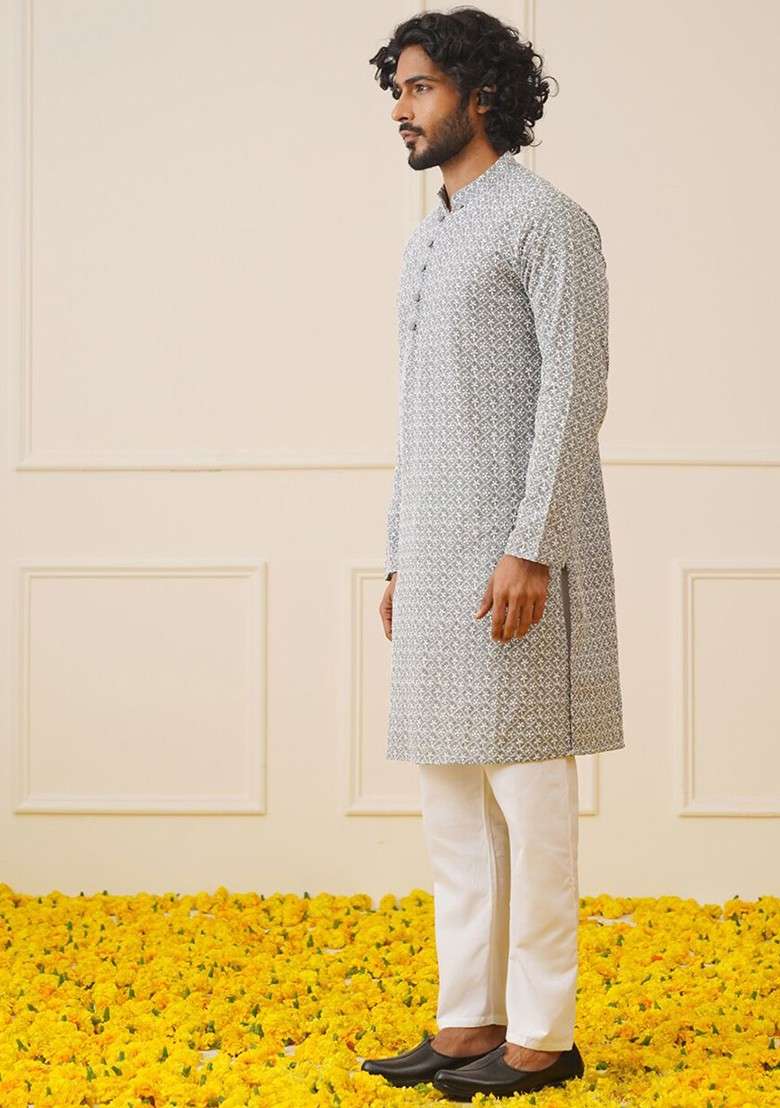 Grey Embroidered Poly Blend Kurta Set For Men - Indya