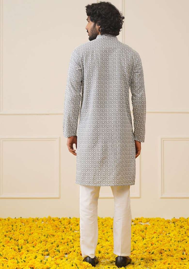 Grey Embroidered Poly Blend Kurta Set For Men - Indya