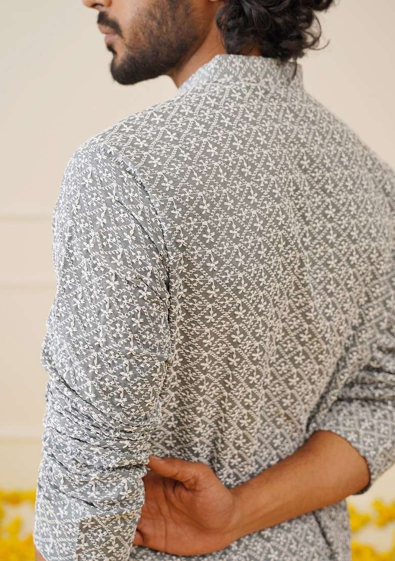 Grey Embroidered Poly Blend Kurta Set For Men - Indya
