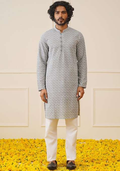 Grey Embroidered Poly Blend Kurta Set For Men
