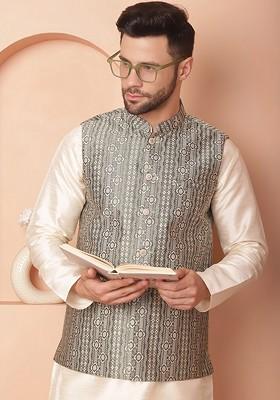 Green Woven Design Poly Blend Kurta Set For Men