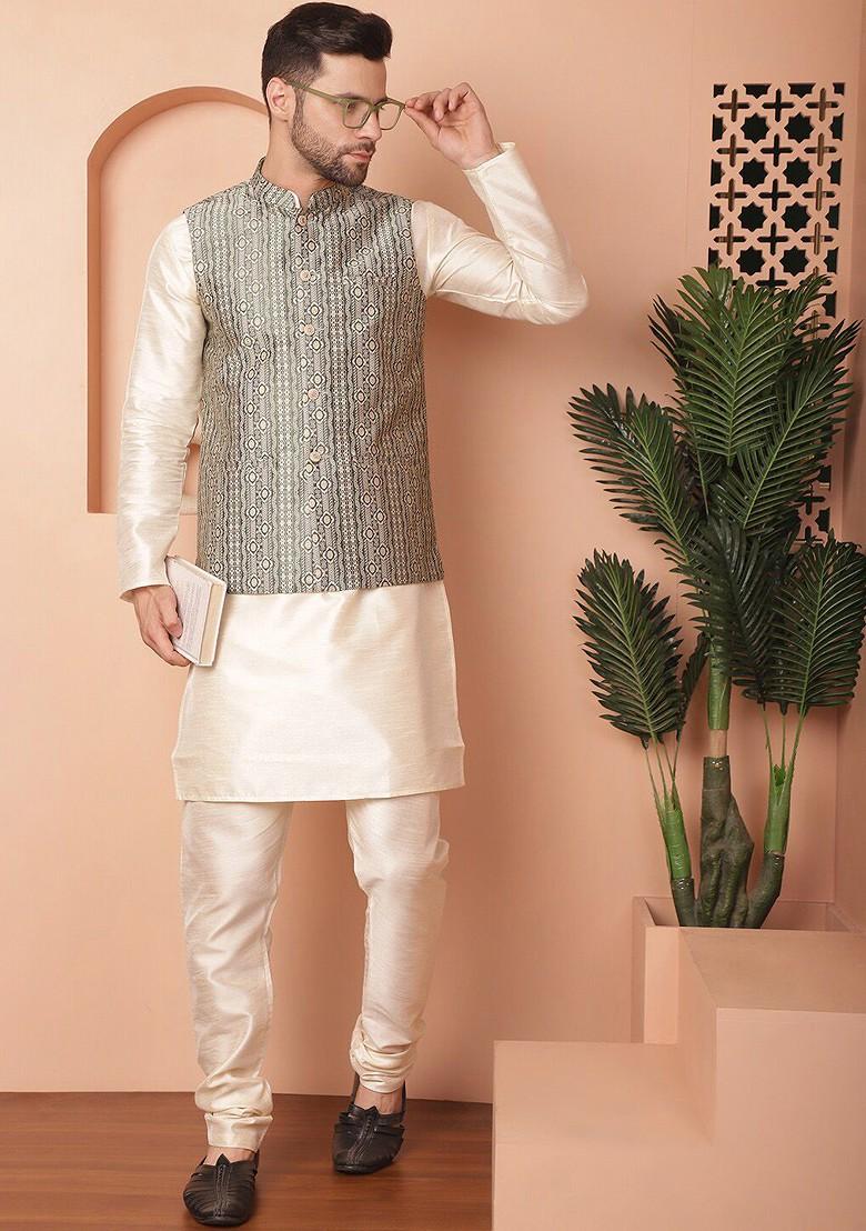 Green Woven Design Poly Blend Kurta Set For Men