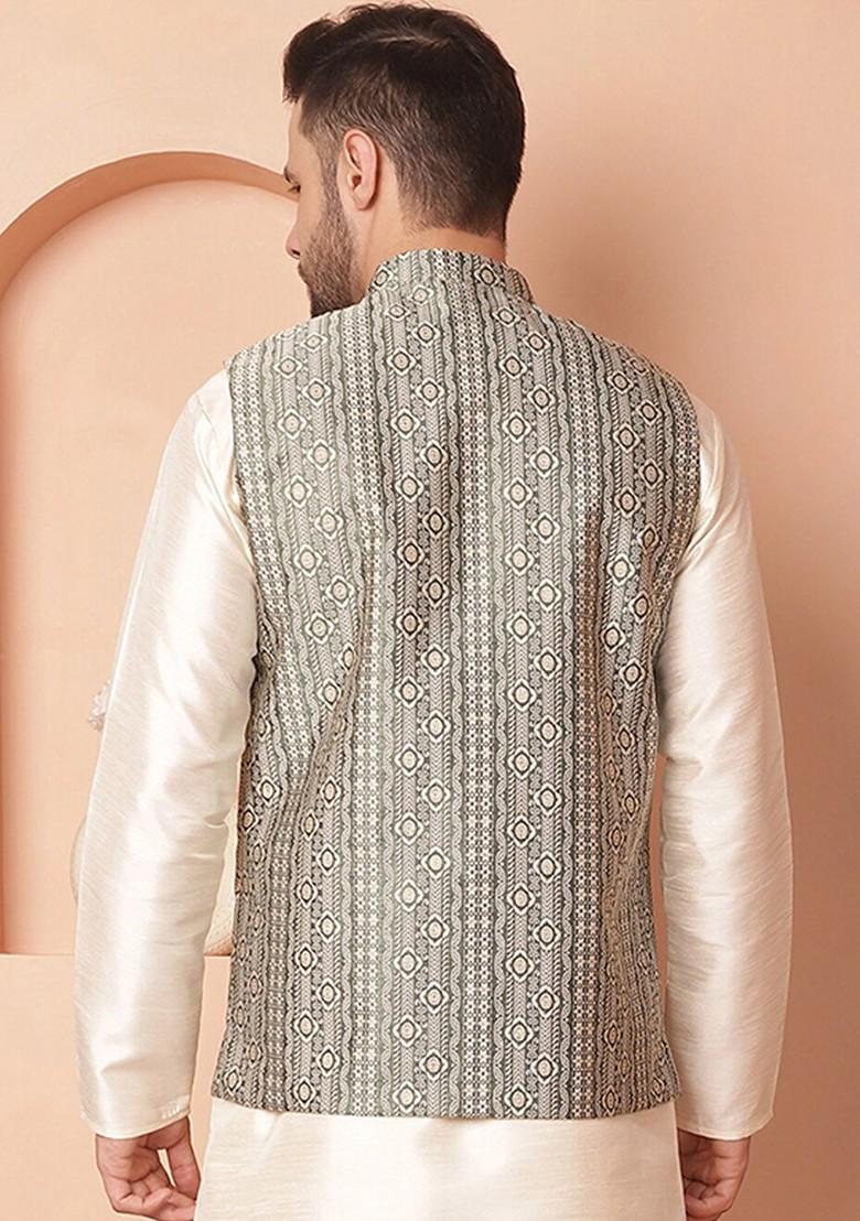 Green Woven Design Poly Blend Kurta Set For Men