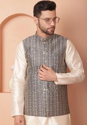 Black Woven Design Poly Blend Kurta Set For Men