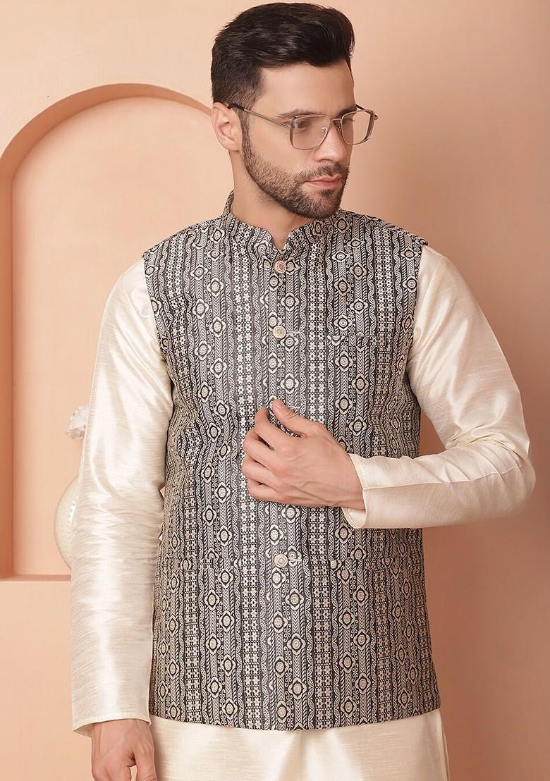 Black Woven Design Poly Blend Kurta Set For Men