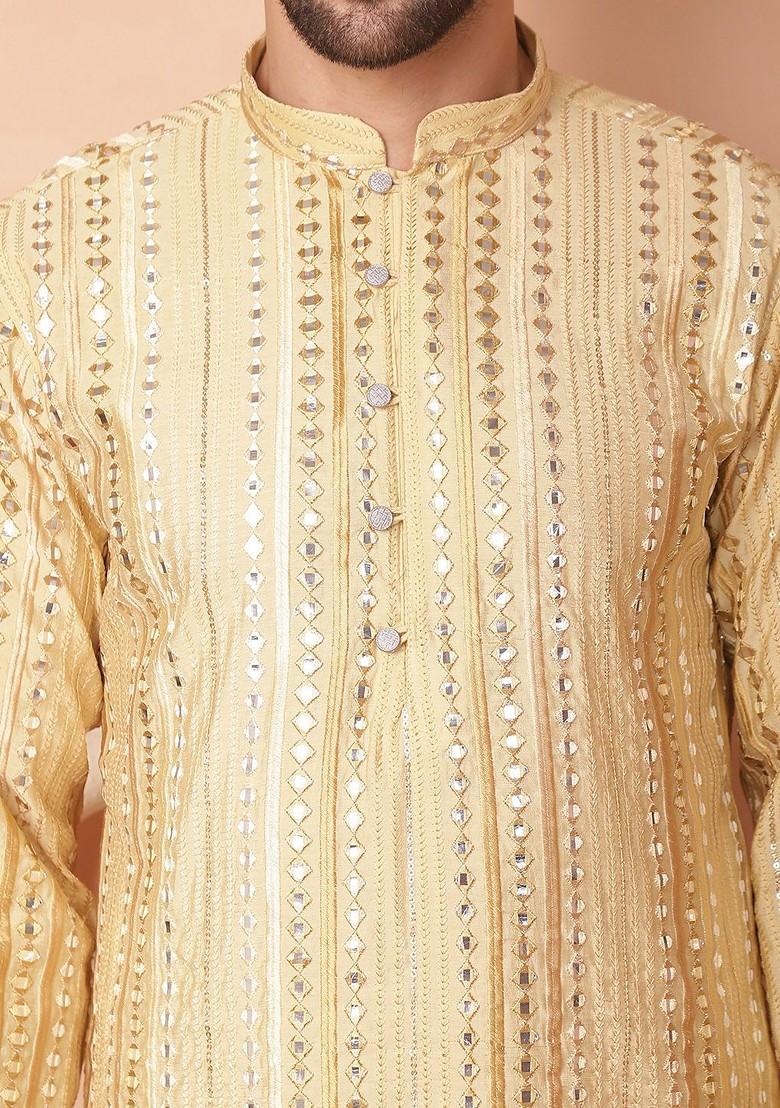 Gold Embroidered Poly Blend Kurta Set For Men