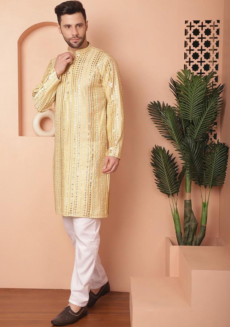 Gold Embroidered Poly Blend Kurta Set For Men