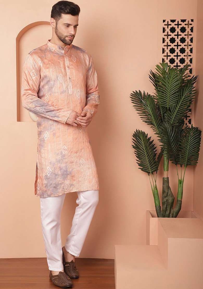 Peach Printed Poly Blend Kurta Set For Men - Indya