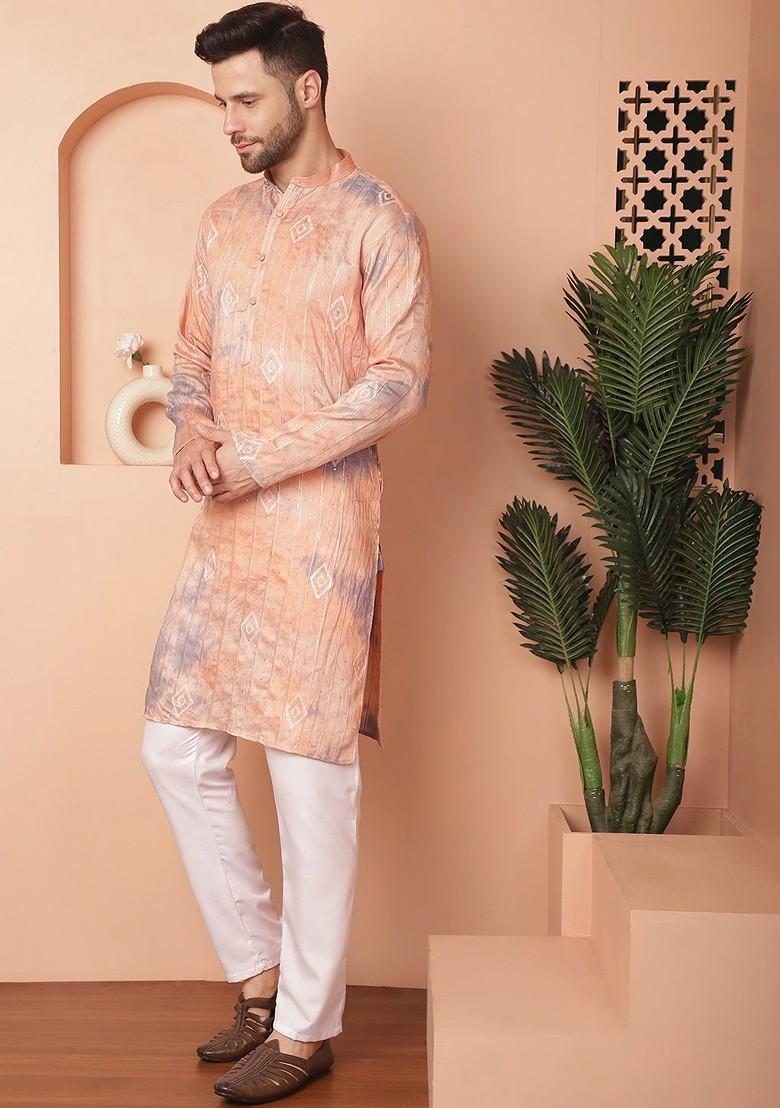 Peach Printed Poly Blend Kurta Set For Men