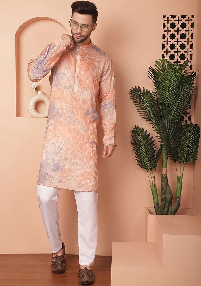 Peach Printed Poly Blend Kurta Set For Men - Indya