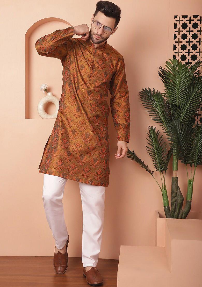 Mustard Yellow Woven Design Poly Blend Kurta Set For Men