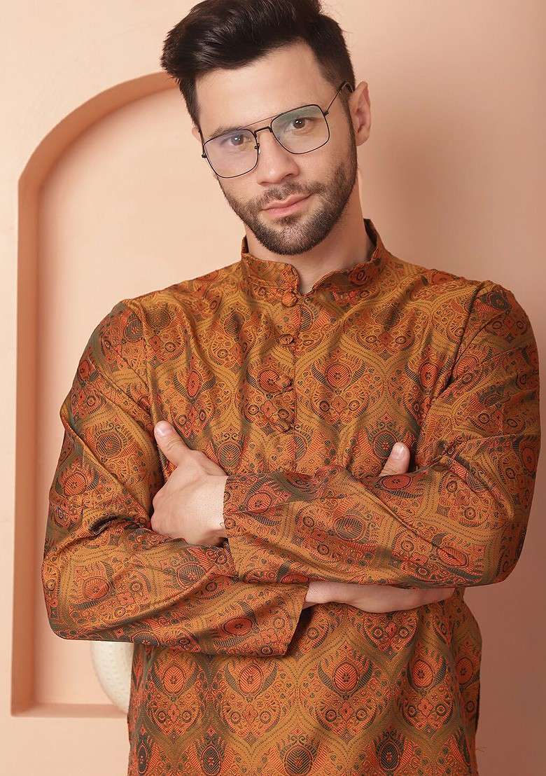 Mustard Yellow Woven Design Poly Blend Kurta Set For Men - Indya