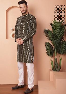 Green Embroidered Poly Blend Kurta Set For Men