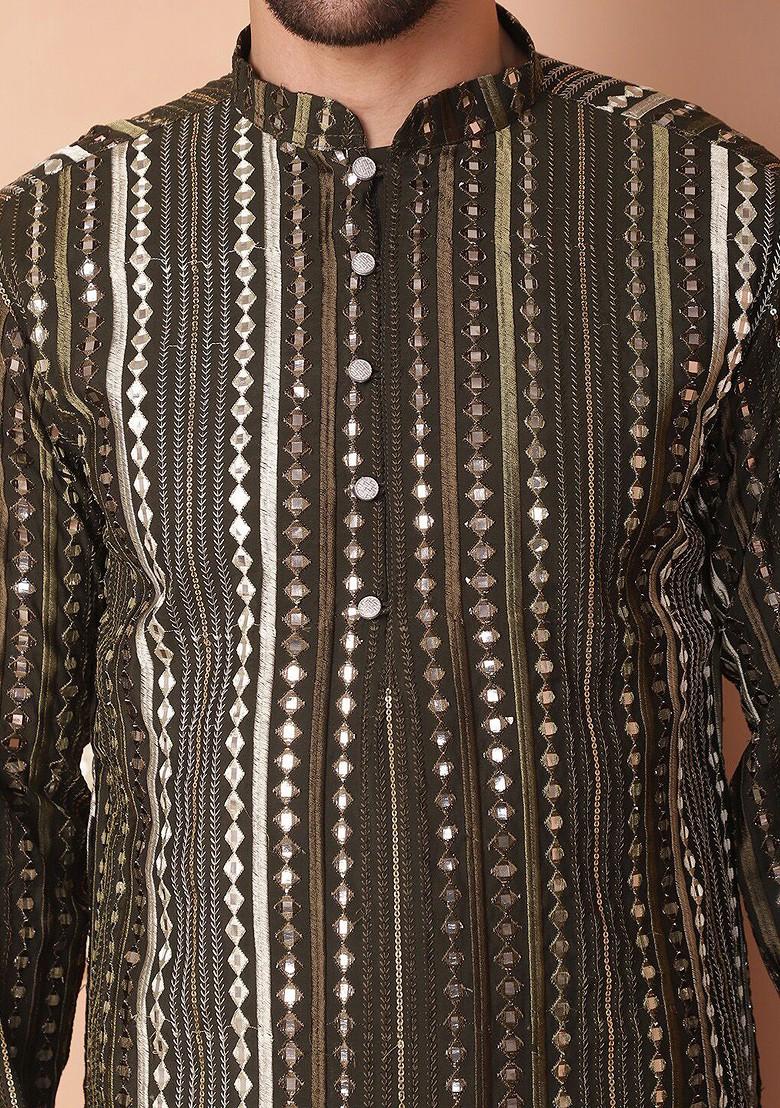 Green Embroidered Poly Blend Kurta Set For Men