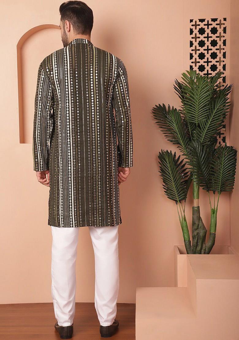 Green Embroidered Poly Blend Kurta Set For Men