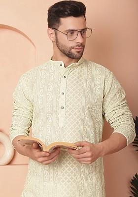 Green Embroidered Poly Blend Kurta Set For Men