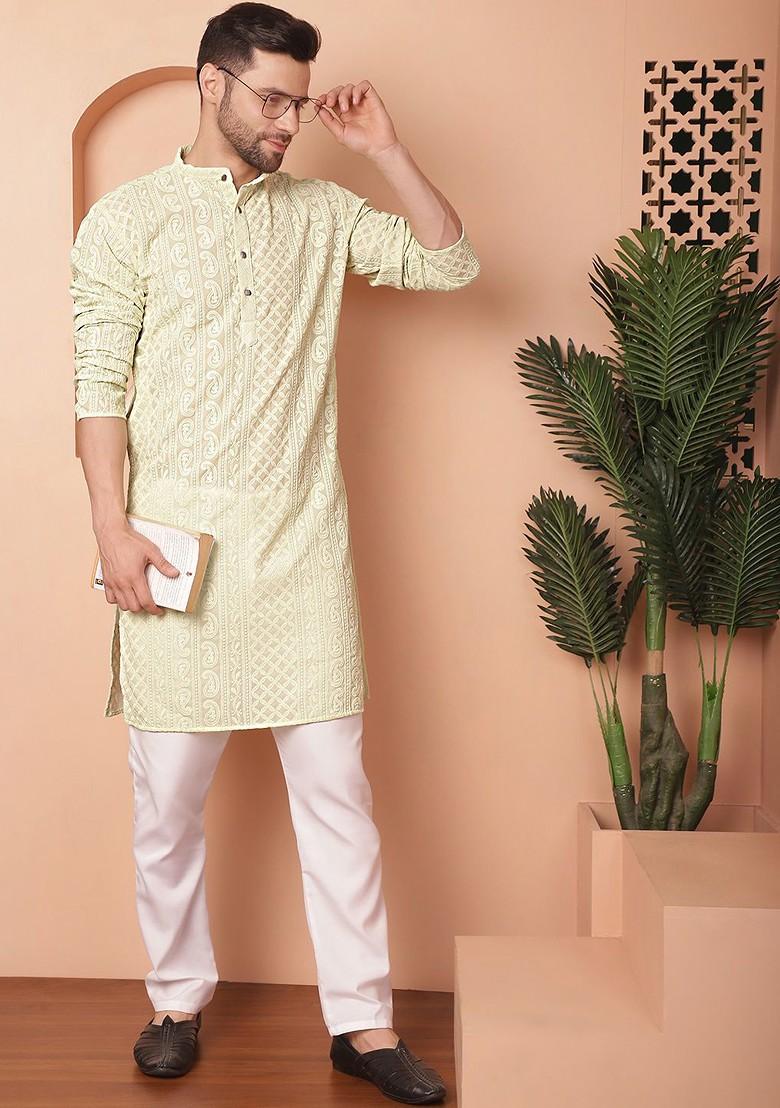 Green Embroidered Poly Blend Kurta Set For Men